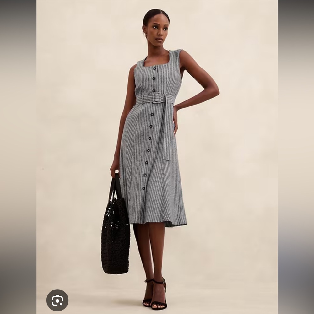Striped Sleeveless Button-Front Midi Dress with Belt
